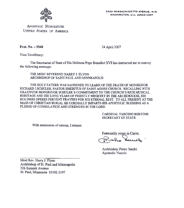 Condolence from the Pope for Msgr. Schuler's death