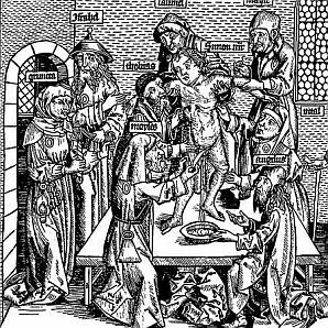 A woodcut showing Jews performing a ritual to extract a Christian child's blood. These prints were popular in Germany and the Netherlands in the 15th Century.