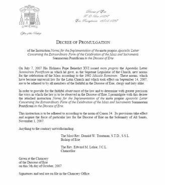 Bp. Trautman issues his own norms for the older form of Mass