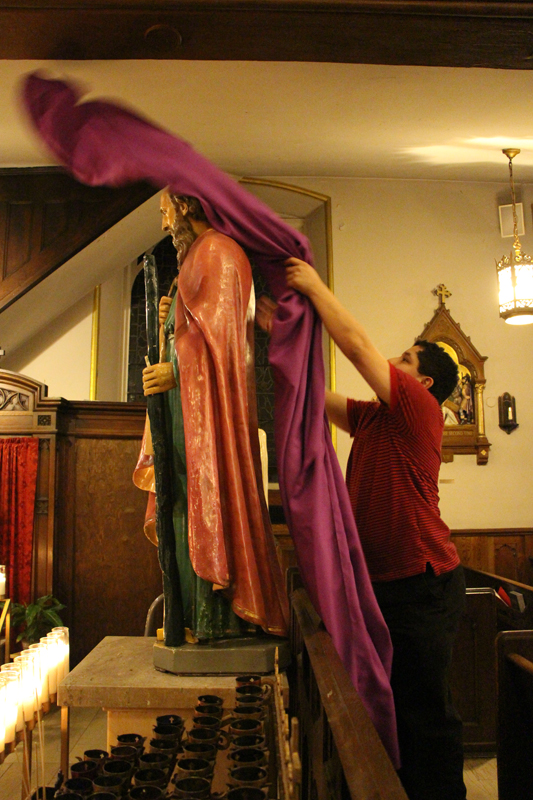 Veiling statues for Passiontide (March 12, 2016) at the Church of the Holy Innocents, NYC.