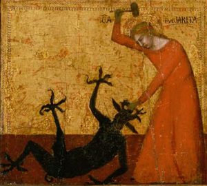 St. Margaret beating the Devil with a hammer.